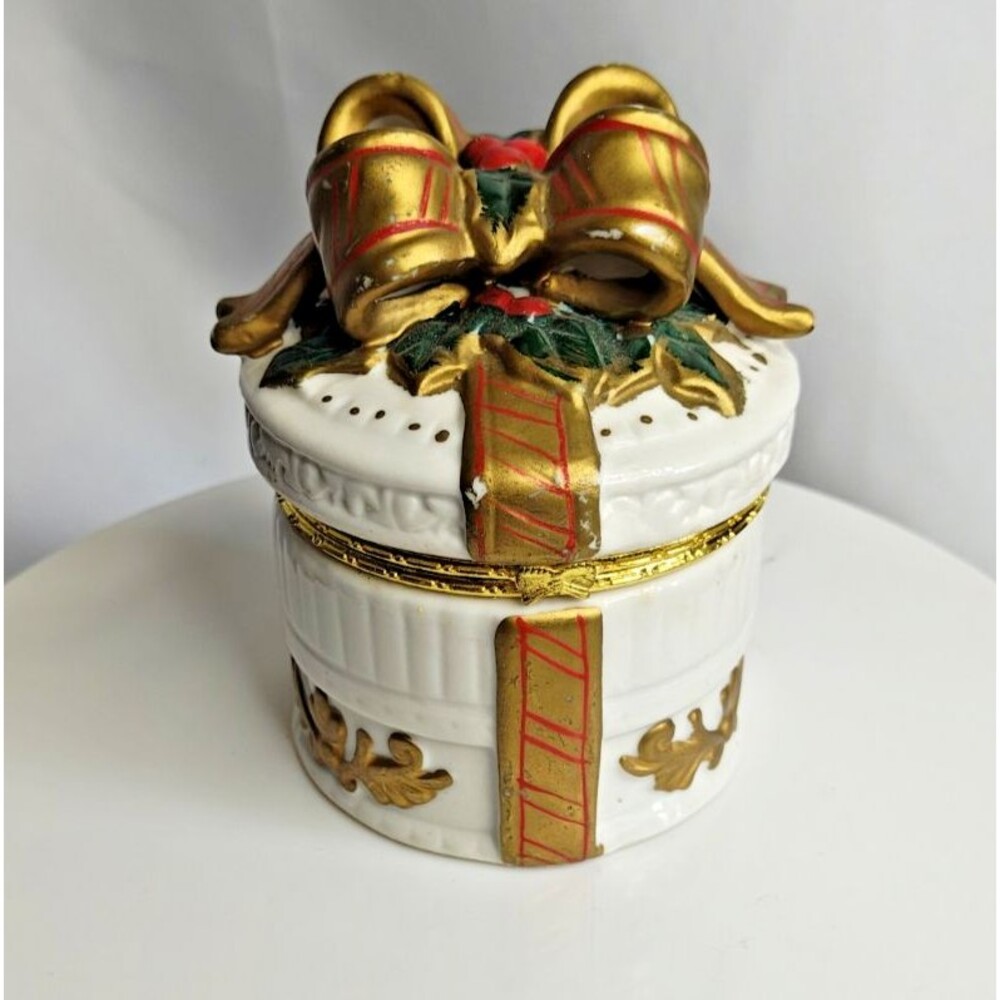 Christmas Present Gift Trinket Box Gold Ribbon Gold Tone Trim Hinged Lid Used